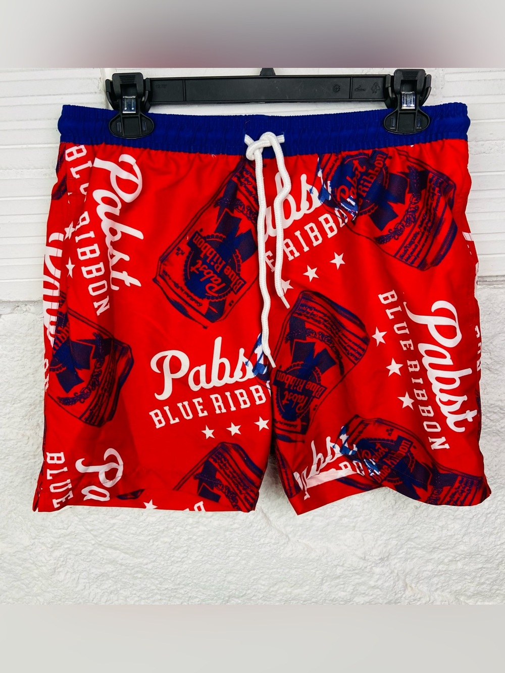 NWOT Pabst Blue Ribbon red & navy logo Swim trunks size small
